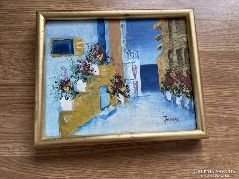 Cheerful Mediterranean painting made with bright colors, marked,