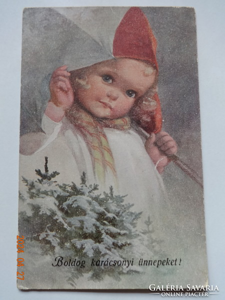 Régi, antik grafikus karácsonyi üdvözlő képeslap (1924)