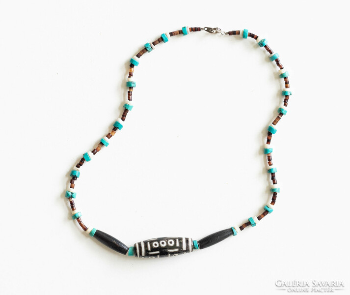 Vintage ethno necklace - collier with turquoise stone and plastic elements - bohemian ethno boho folk art