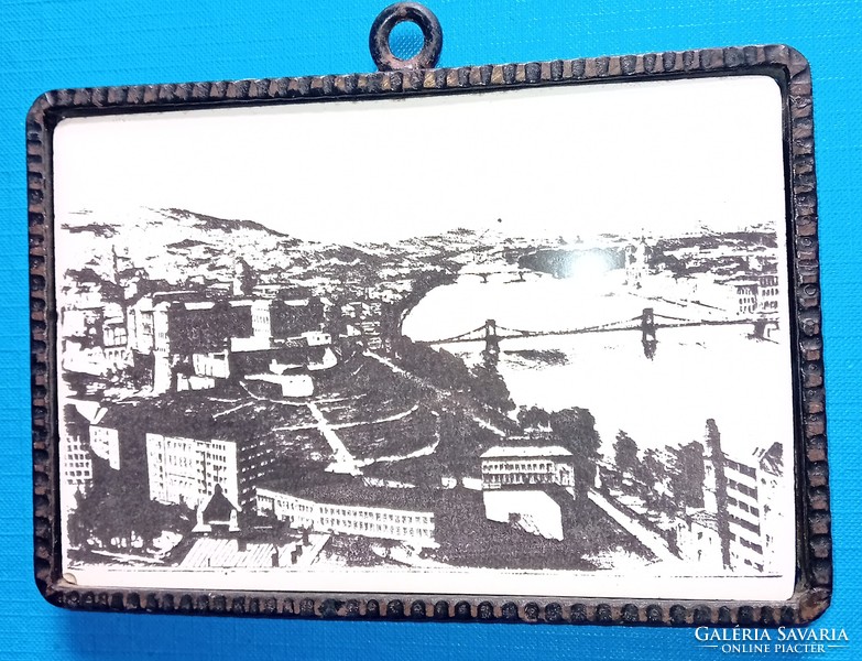 Buda castle with the chain bridge, landscape photographed on tiles, forged iron frame