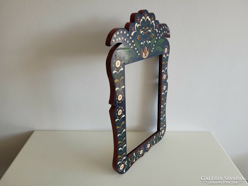 Old vintage 69.5 cm painted flower pattern large wall wooden mirror frame folk furniture