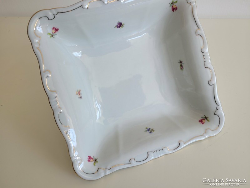 Régi Zsolnay porcelán apró virágos barokk szögletes kínáló tál asztalközép
