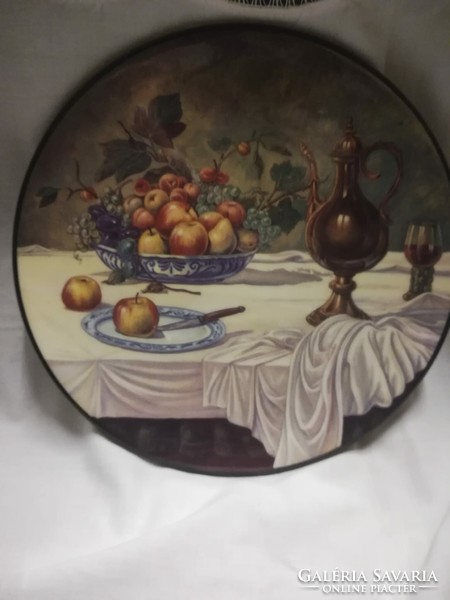 Porcelán fali tányér, gyümölcstálas csendélettel