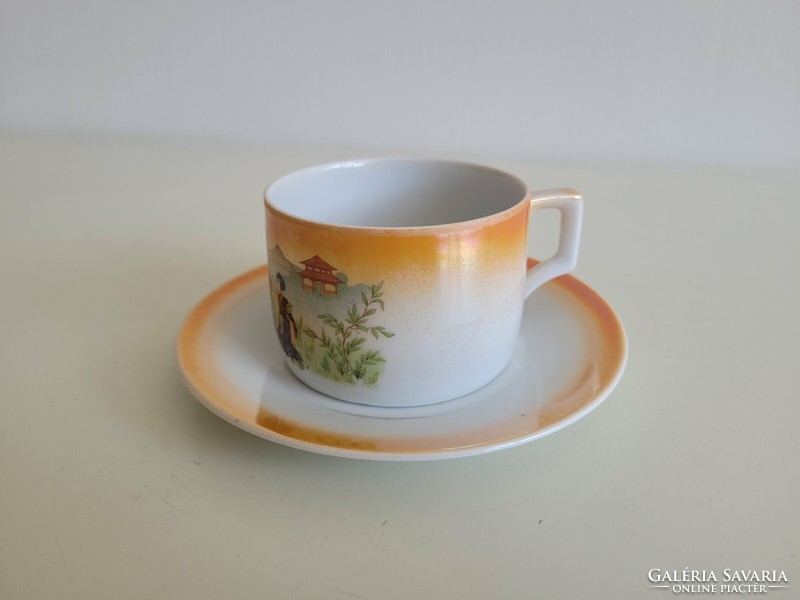 Old Zsolnay porcelain tea cup eozin Japanese pattern oriental scene ladies decor c