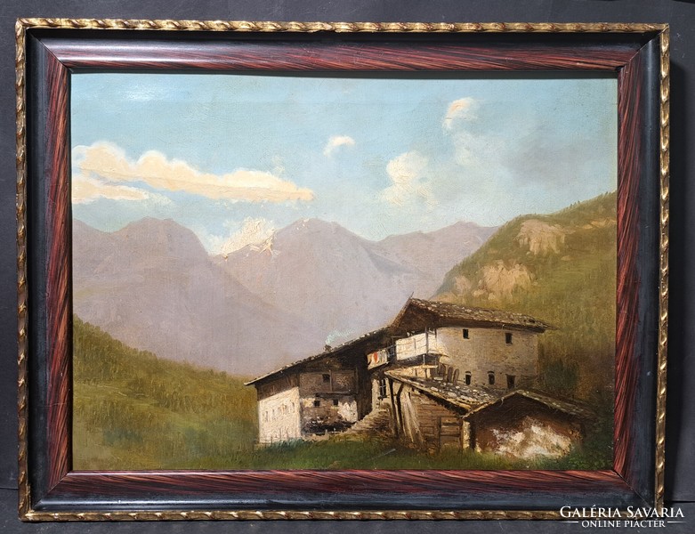 Old landscape, framed oil painting on canvas - romantic mountain landscape