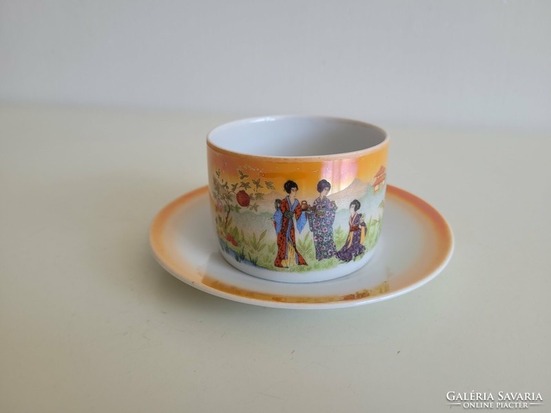Old Zsolnay porcelain tea cup eozin Japanese pattern oriental scene ladies decor d