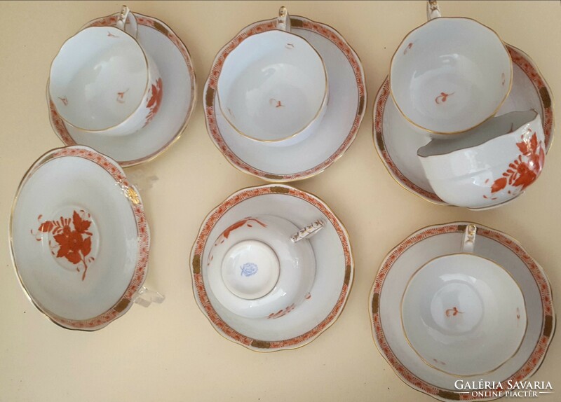 Herend Appony orange tea set. 6 Cups+6 saucers