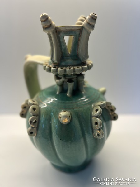 Zsolnay, dardanella jug, painted and plastic decorations, 1884