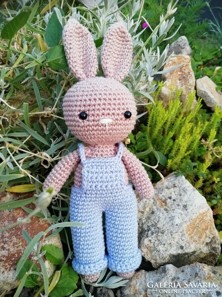 Hand crocheted bunny boy in garden pants