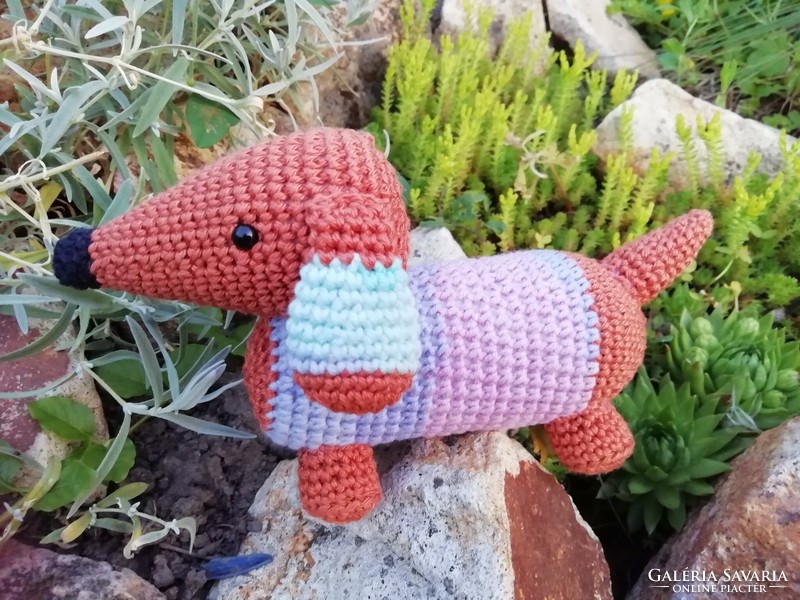 Hand crocheted, colorful dachshund puppy