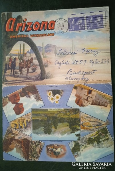 Régi levélboríték leporelló 9 x 2 oldalú tájképrajzzal életkép rajzokkal litográfiák Arizonából 1957