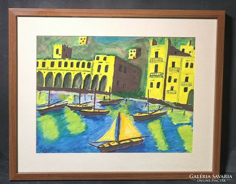 Waterside houses with sailboats - signed watercolor frame - Mediterranean