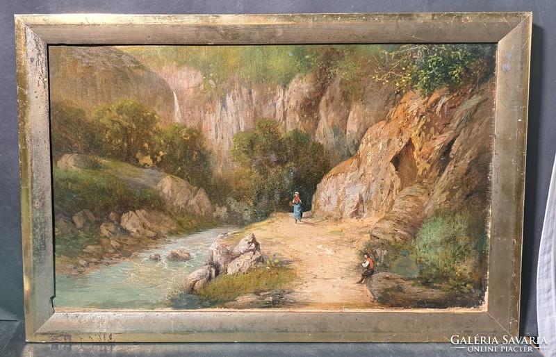 Old landscape, oil painting on canvas - mountain landscape with stream