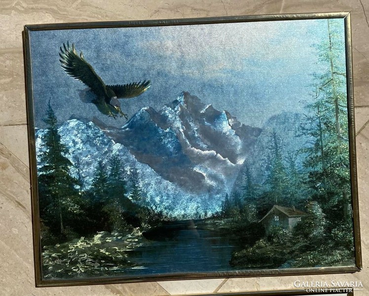Large glassy 3D-like, shiny picture in a metal frame