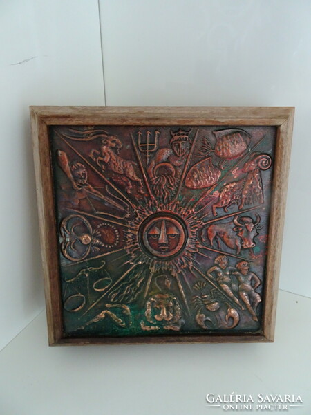 Old card or jewelry wooden box with horoscope bronze decoration..