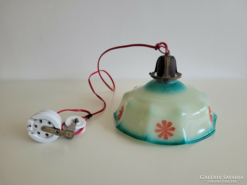 Régi üveg lámpabúrás állítható lelógású porcelán csigás vintage népi mennyezeti lámpa csillár