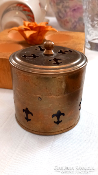 Vintage anjou lily patterned copper sheet cylindrical container with lid