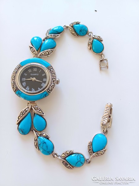 925 Silver women's watch with marcasite and turquoise