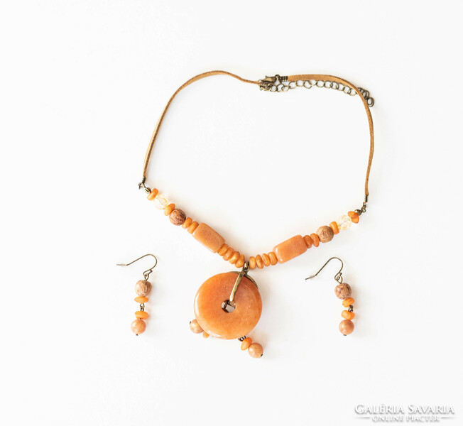 Jade stone necklace - jewelry set with earrings - bohemian ethno boho folk art