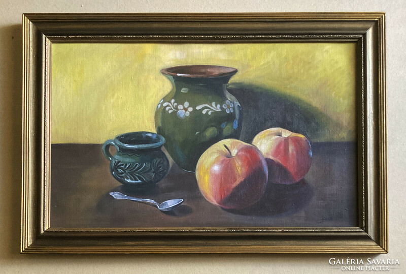 Csendélet almákkal - olajfestmény 49x33 cm kerettel