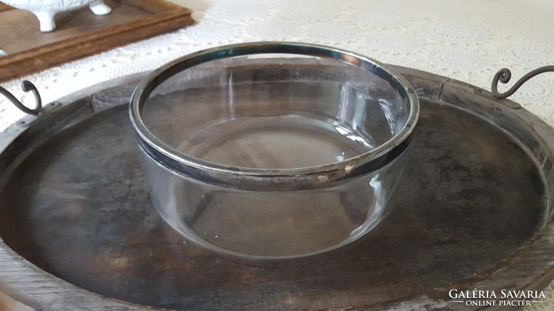 Glass bowl with silver-plated metal rim, serving bowl, salad bowl