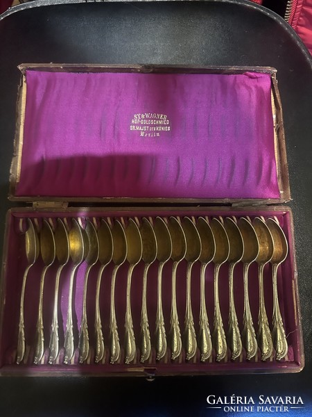 A very rare antique 18-piece silver spoon collection in a box for sale! Price: 100,000.-