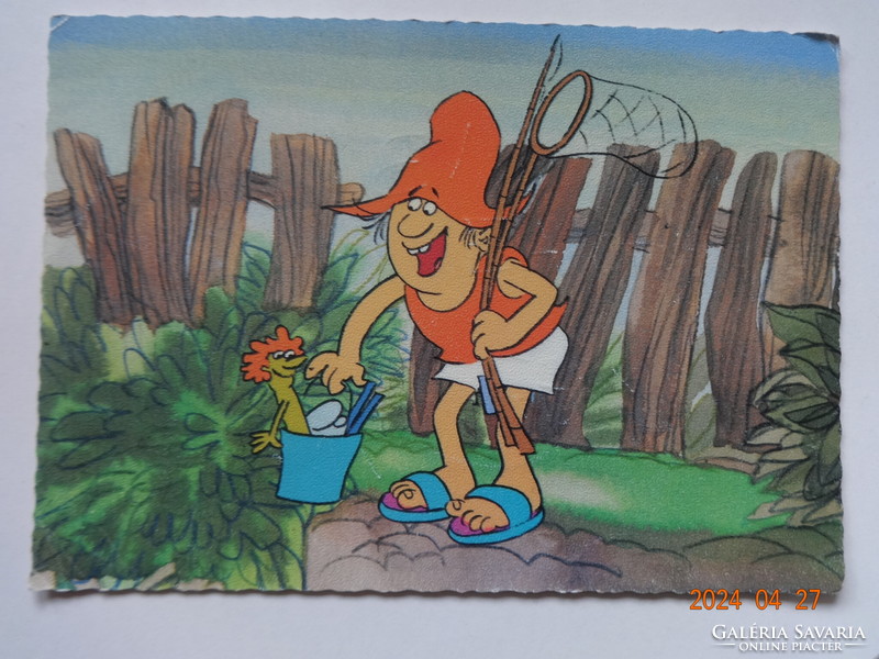 Old, retro postcard with fairy-tale characters: ho-ho fisherman (drawing by Zsuzsa Füzesi)