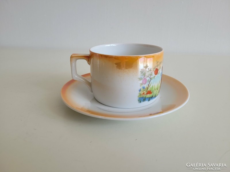 Old Zsolnay porcelain tea cup eozin Japanese pattern oriental scene ladies decor b