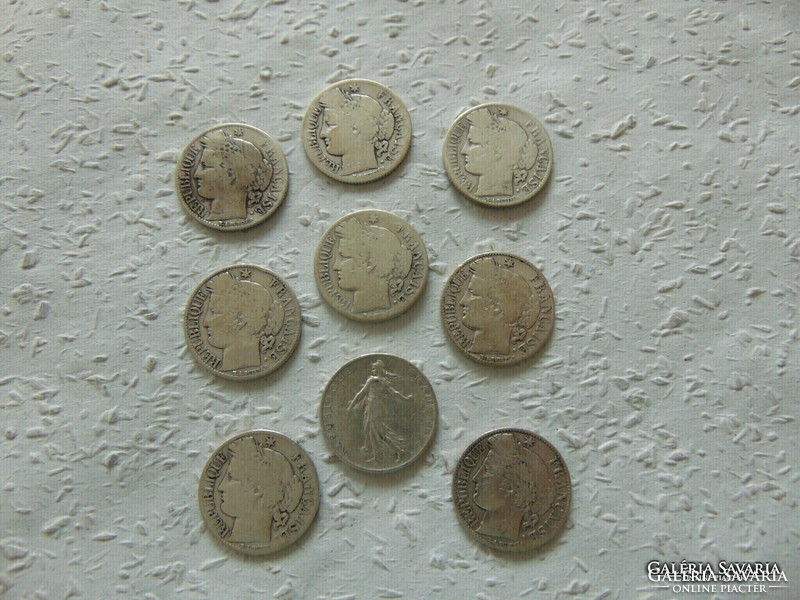 Franciaország ezüst 1 frank 9 darab LOT !