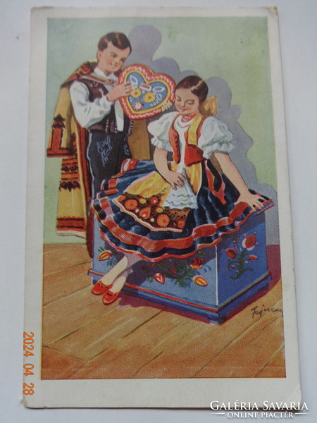 Régi grafikus üdvözlő képeslap, népies, fiatal pár mézeskalács-szívvel  (1937)