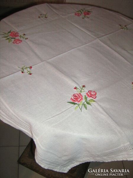 Beautiful floral hand-embroidered white tablecloth
