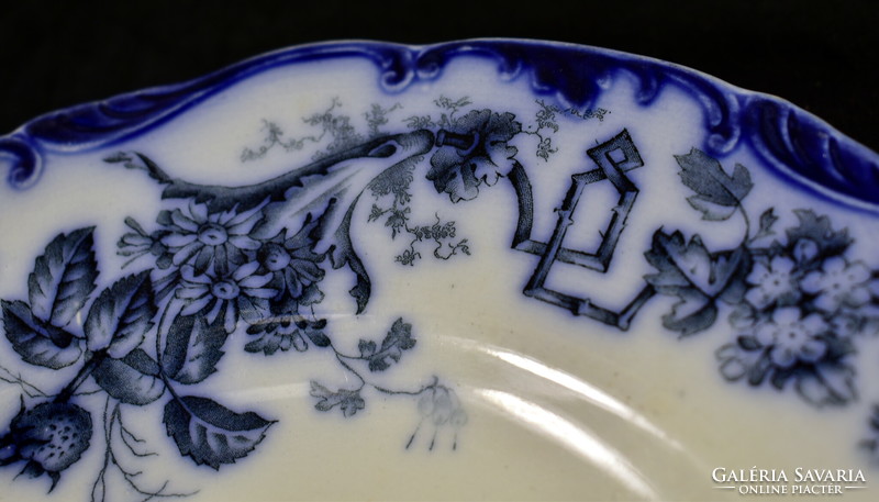 Around 1880 English cauldron stoneware bowl with cobalt blue pattern!