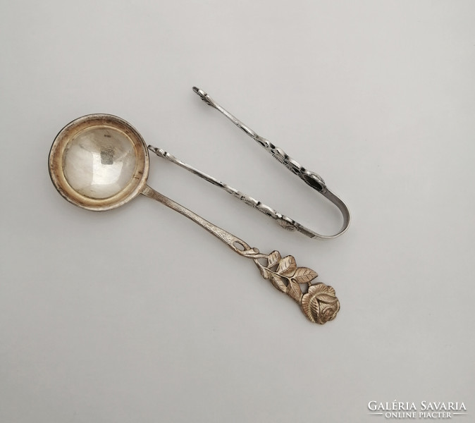 German silver-plated sugar tongs and spoon - hildesheimer rose