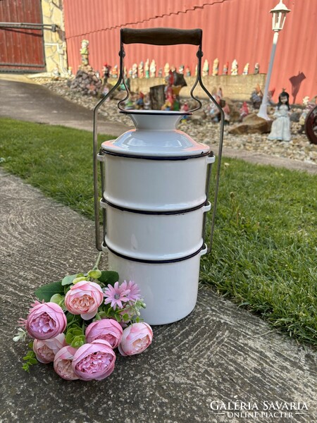 Zománcos zomàncozott Gyönyörű  Bonyhádi ételhordó ételes konyhai eszköz falusi paraszti