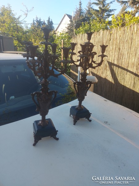 2 Amphoric, five-branched, bronzed candlesticks, 60 cm high