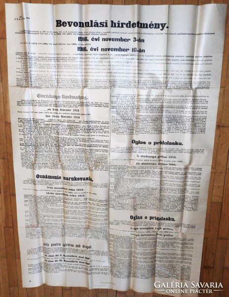 Katonai bevonulási hirdetményi, 1916 november (K.u.K hatnyelvű plakát, 114x78 cm)
