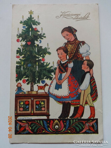Old graphic Christmas greeting card, folk (1937)