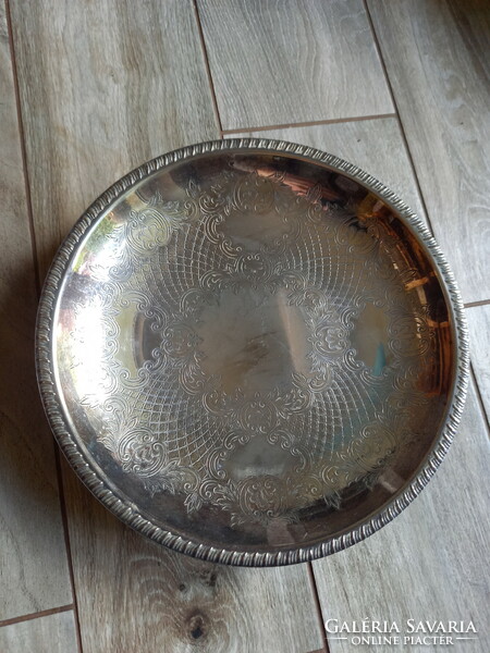Pompás régi ezüstözött acél kínáló tál/asztalközép (27,2x5,6 cm)