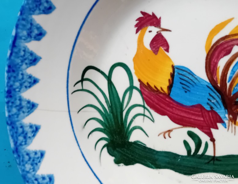 Telkibánya ceramic bowl with rooster, stamped mark, antique