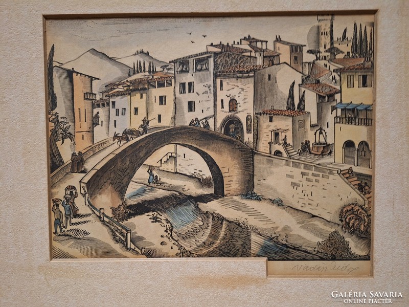Vadasz endre Italian small town color woodcut