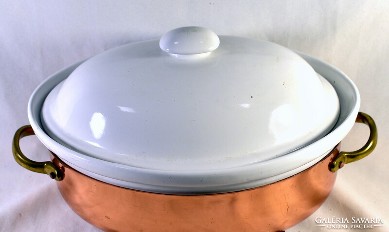 Red copper serving dish with ceramic lidded baking dish