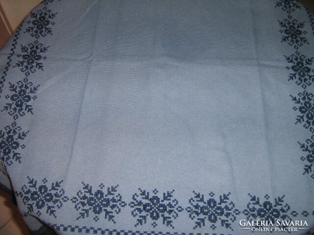 Beautiful handmade crochet embroidered cross-stitch blue floral patterned tablecloth