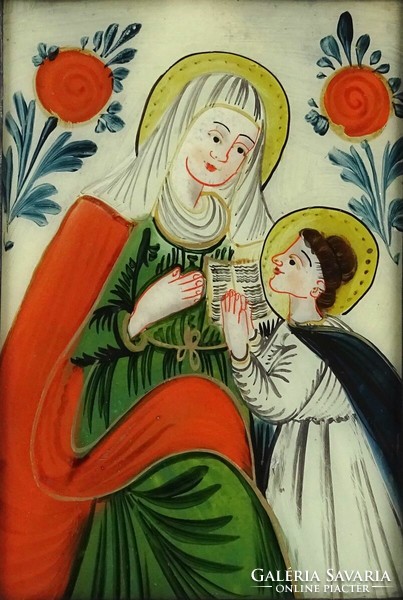 1O685 Antik üveg ikon Mária és Jézus 25 x 19 cm