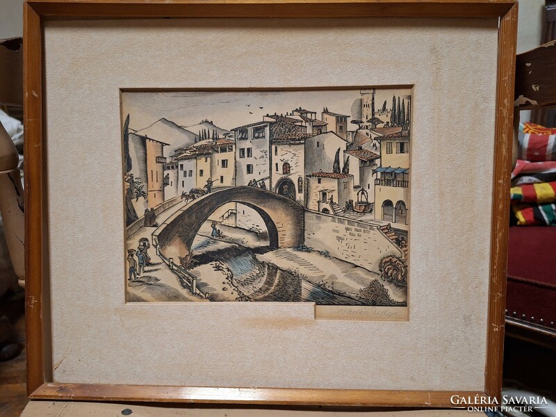 Vadasz endre Italian small town color woodcut