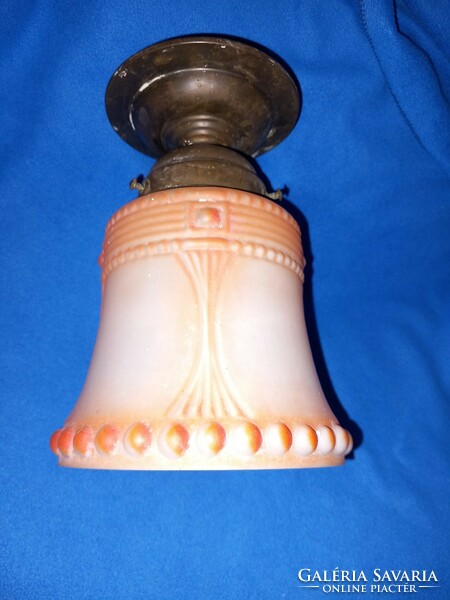 Antique art deco ceiling lamp, acid-etched orange-tinted glass hooded copper fitting