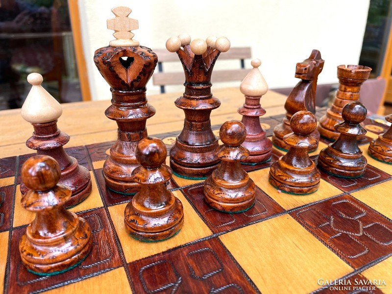 Carved wooden chess set