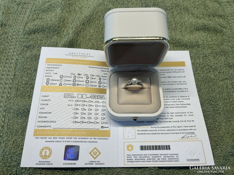 18K white gold ring, with 0.50 Ct diamond, natural pearl, certificate