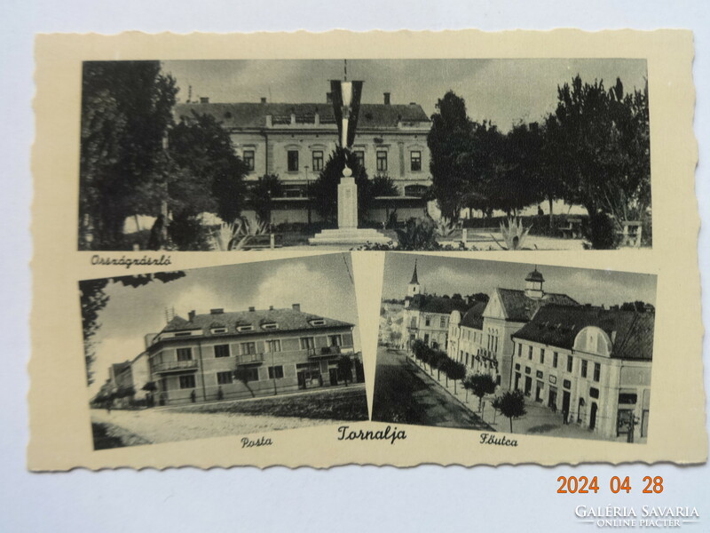 Régi postatiszta Weinstock képeslap: Tornalja, részletek (Országzászló, Posta, Főutca)