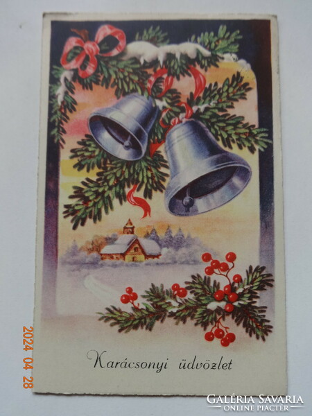 Régi grafikus karácsonyi üdvözlő képeslap, harangok, fagyöngy (1940)