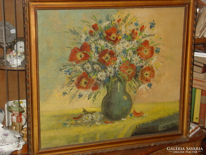 Réthy V. sign: still life with field flowers oil painting